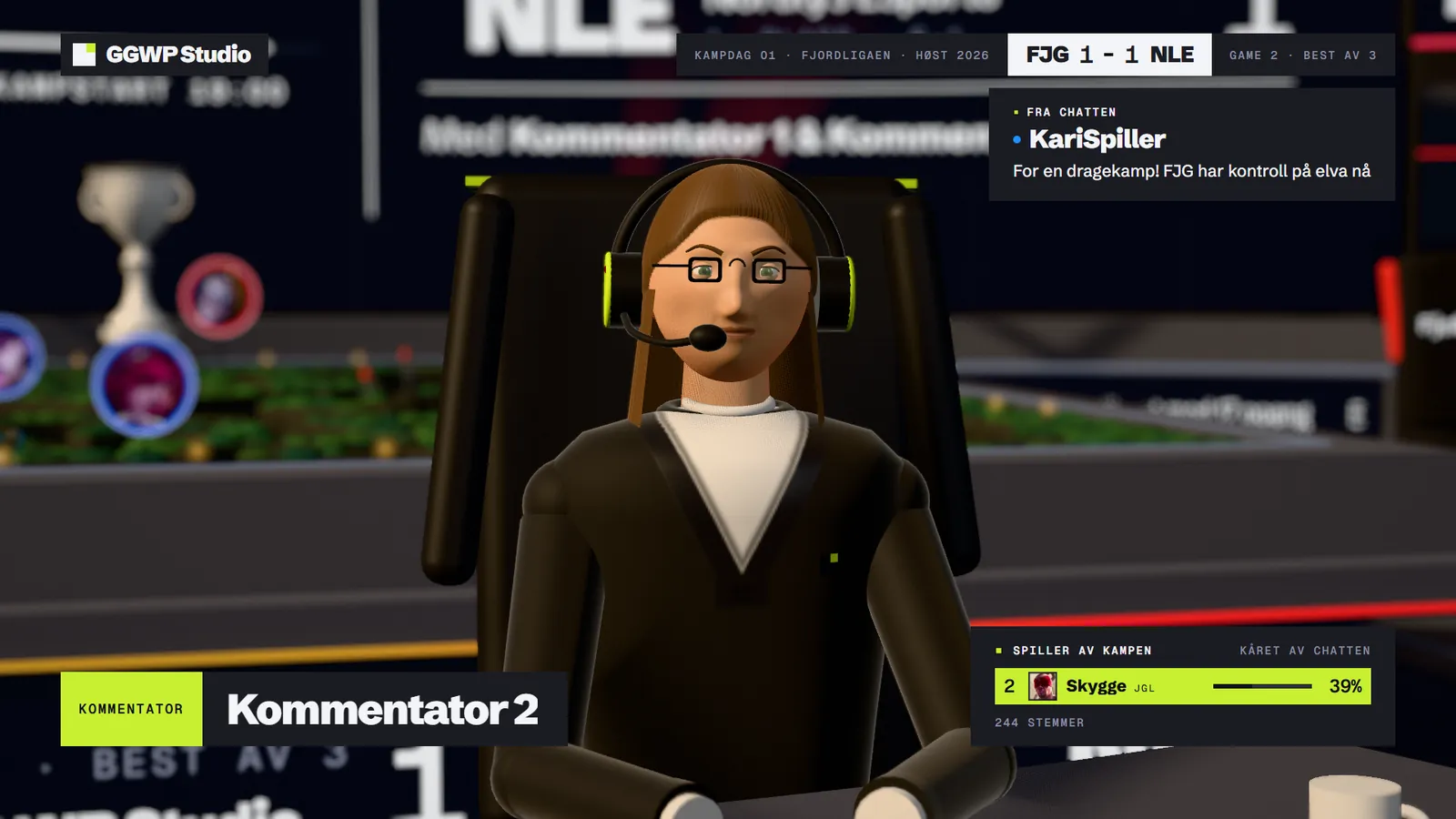 A caster's avatar at the desk with a headset and a name strap.